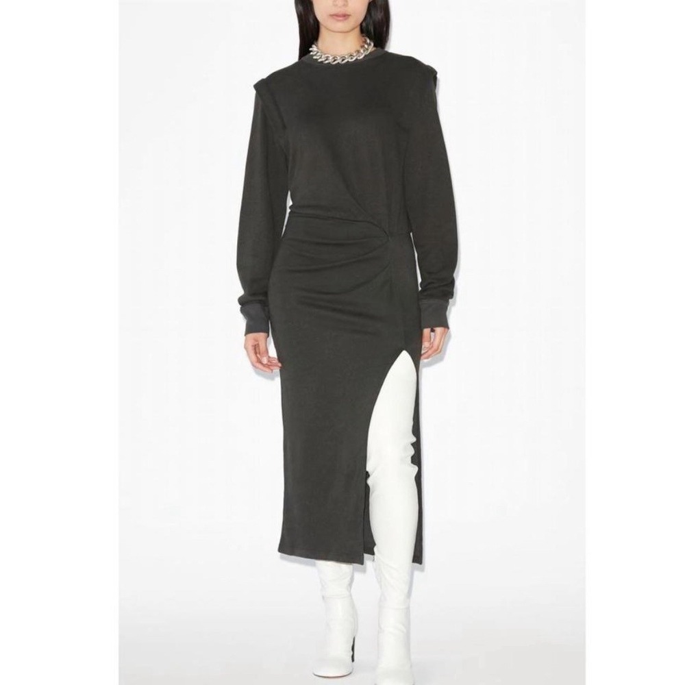 Marant Etoile Black Padded Shoulder‎ Twist Waist Sweatshirt Midi Dress
